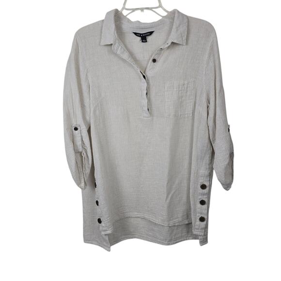 Zac & Rachel Tan White Striped Linen Popover Top Button Hem Details Neutral XL - Picture 1 of 11